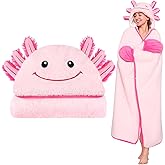 Axolotl Wearable Blanket Hoodie for Women & Kids, Premium Soft Thick Plush & Sherpa Fleece for Ultra Warmth, Pink Throw Wrap With Giant Hood, Easy Movement, Axolotl Gifts for Girls Adults, Oversized