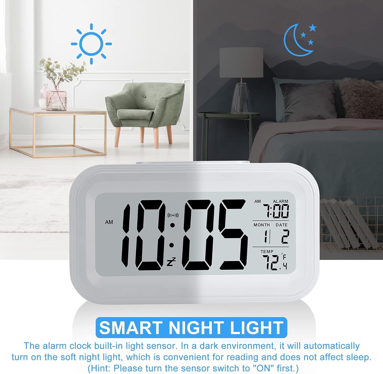 SZELAM Battery Digital Alarm Clock,LCD Clock Electronic for Bedroom Home Office ,with Date,Indoor Temperature,Snooze Light,Small-Sized,Backlight-White: Kitchen & Dining