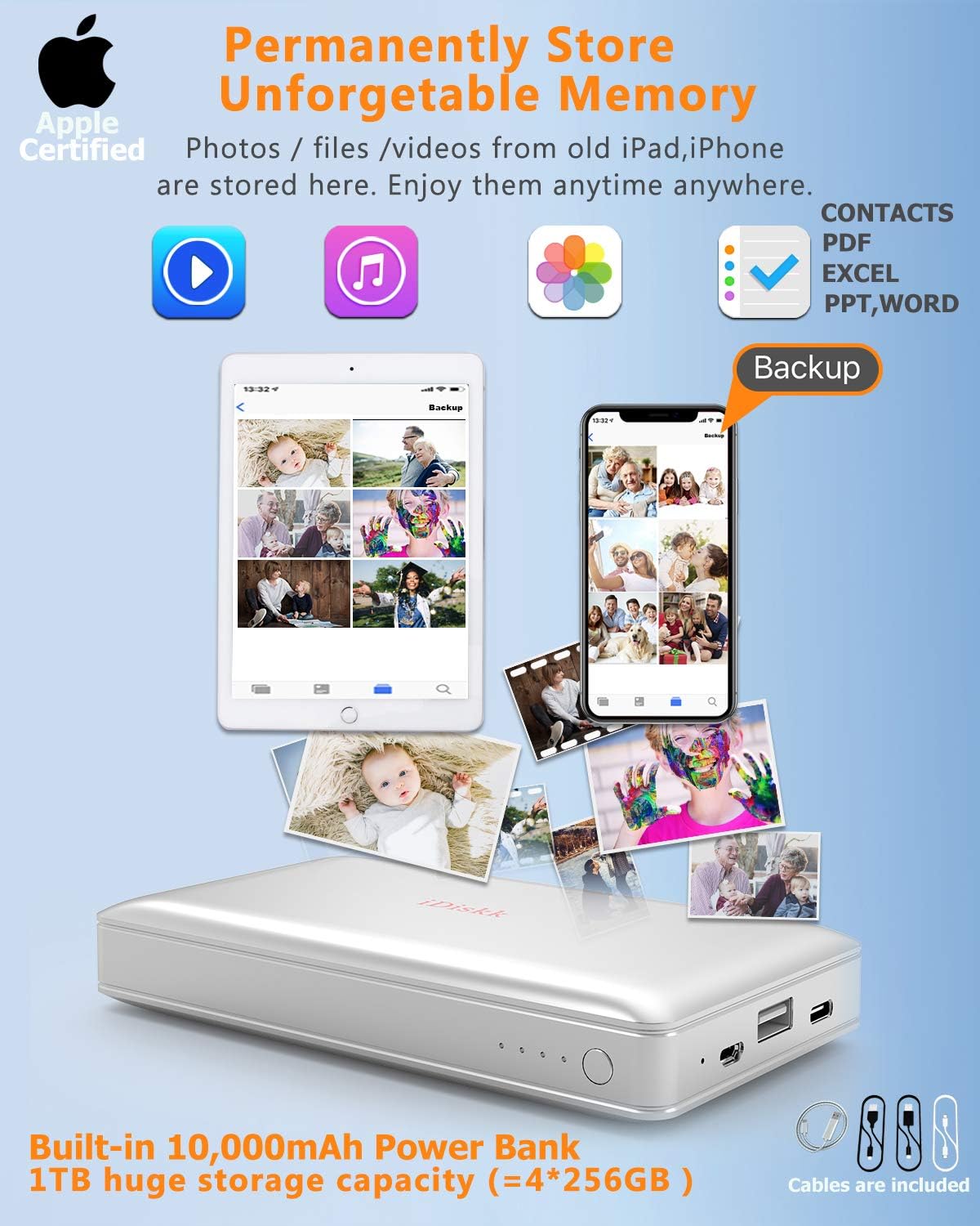 iDiskk MFi Certified 1TB External Hard Drive for iPhone iPad with