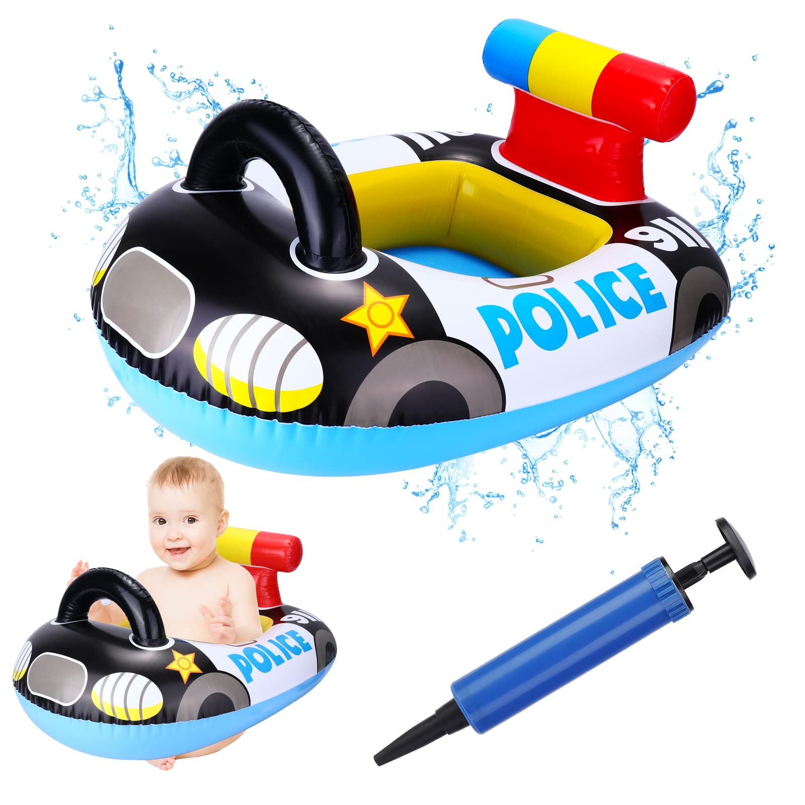 Pwsap Baby Swimming Ring, Squad Car Cartoon Inflatable Baby Swimming Float PVC Safety Aid Float Seat Circle Swim Float Boat with Inflator and Seat for Age 3+ Years Toddler Floating Training