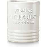 LOVECASA Vintage Utensil Holder for Kitchen Countertop, 7.2” Large Ceramic Utensil Crock for Home Décor, Farmhouse Utensil Vase for Housewarming, Wedding, Birthday Gift - Cream White