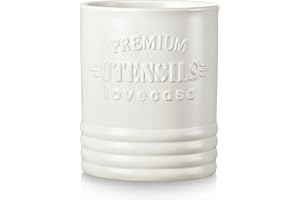 LOVECASA Vintage Utensil Holder for Kitchen Countertop, 7.2” Large Ceramic Utensil Crock for Home Décor, Farmhouse Utensil Vase for Housewarming, Wedding, Birthday Gift - Cream White