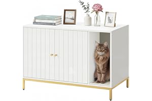 Feandrea Litter Box Enclosure, Modern Cat Litter Box Furniture Hidden, with Scratching Mat, Tall Legs, Cat House, Side End Table, 35.4 x 18.9 x 24.2 Inches, White and Gold UPCL027W01