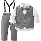 Puremlik Boys' 4-Piece Gentleman Outfits Set with Dress Shirt Bow Tie Vest and Pants for Toddler