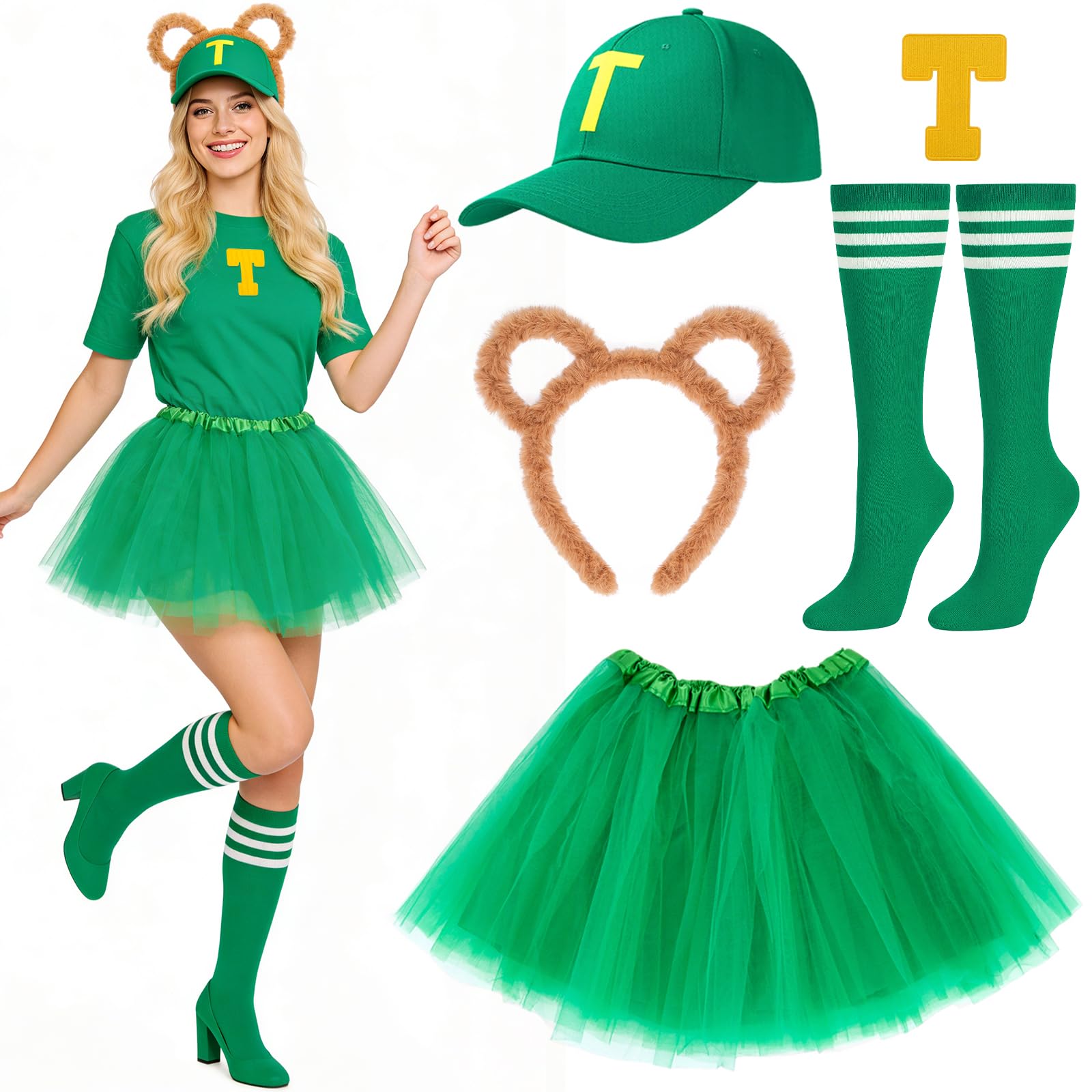 Dreamtop Chipmunks Costumes Set - Chipmunk Outfit Accessories with Headband Hat, Socks, Tutu Skirt, Embroidered Letters for Adults, World Book Day Costumes Women Halloween Cosplay Fancy Dress (Green)