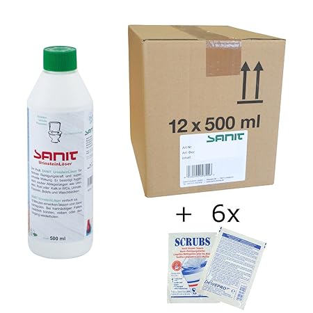 SANIT - Urinsteinlöser - der kräftige Urinsteinentferner - VPE: 12 Flaschen a' 500ml (3031) - im Set inkl. 6 St. DEWEPRO® Sin