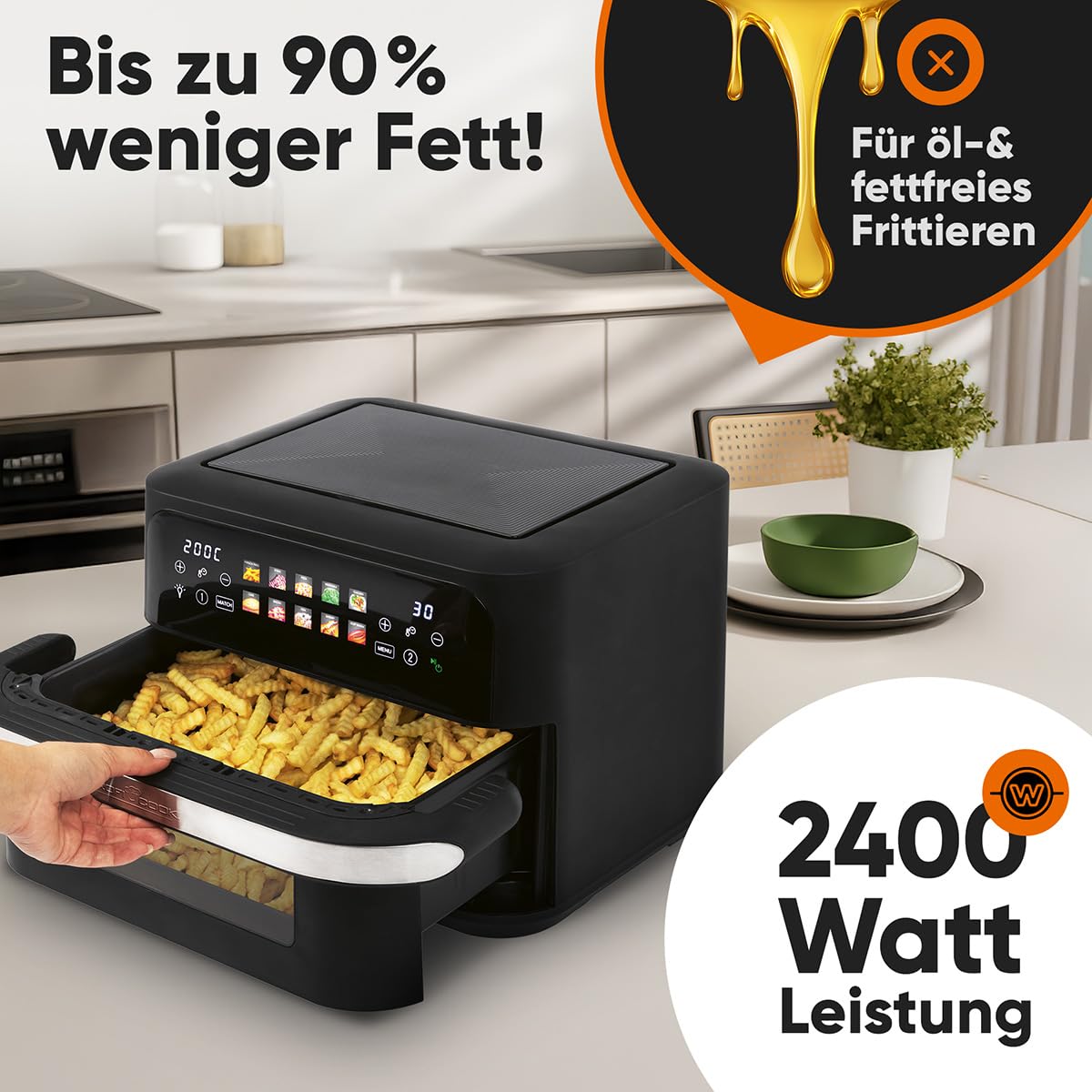 ProfiCook® XXL Heißluftfritteuse | 10L | Öl und Fettfrei | buntes Touch-Display | 2400W Airfryer | Heißluftfritteuse 2 Kammern | 10 Programme | 80-200°C | Heissluftfritteuse | PC FR 1313 H 2