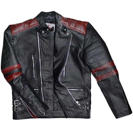 German Wear Motorradjacke Oldschool Retro Lederjacke Motorradlederjacke jacke Schwarz/Rot, 50/M