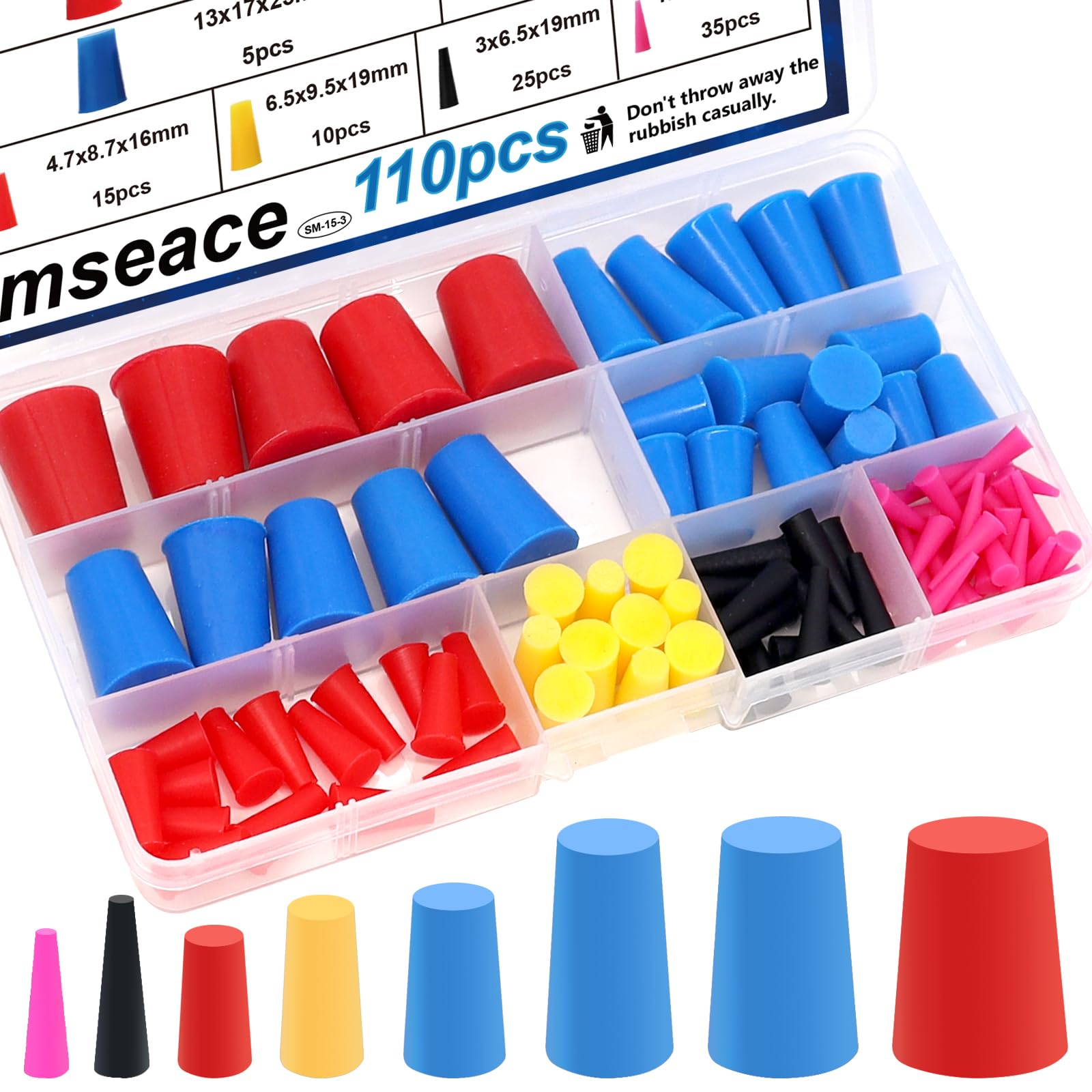 Photo 1 of smseace 110Pack Rubber Plugs 1/16 Inch to 5/8 Inch Rubber Stoppers 8-Sizes High Temp Silicone Plug for Coating, Round Hole, Painting Protection