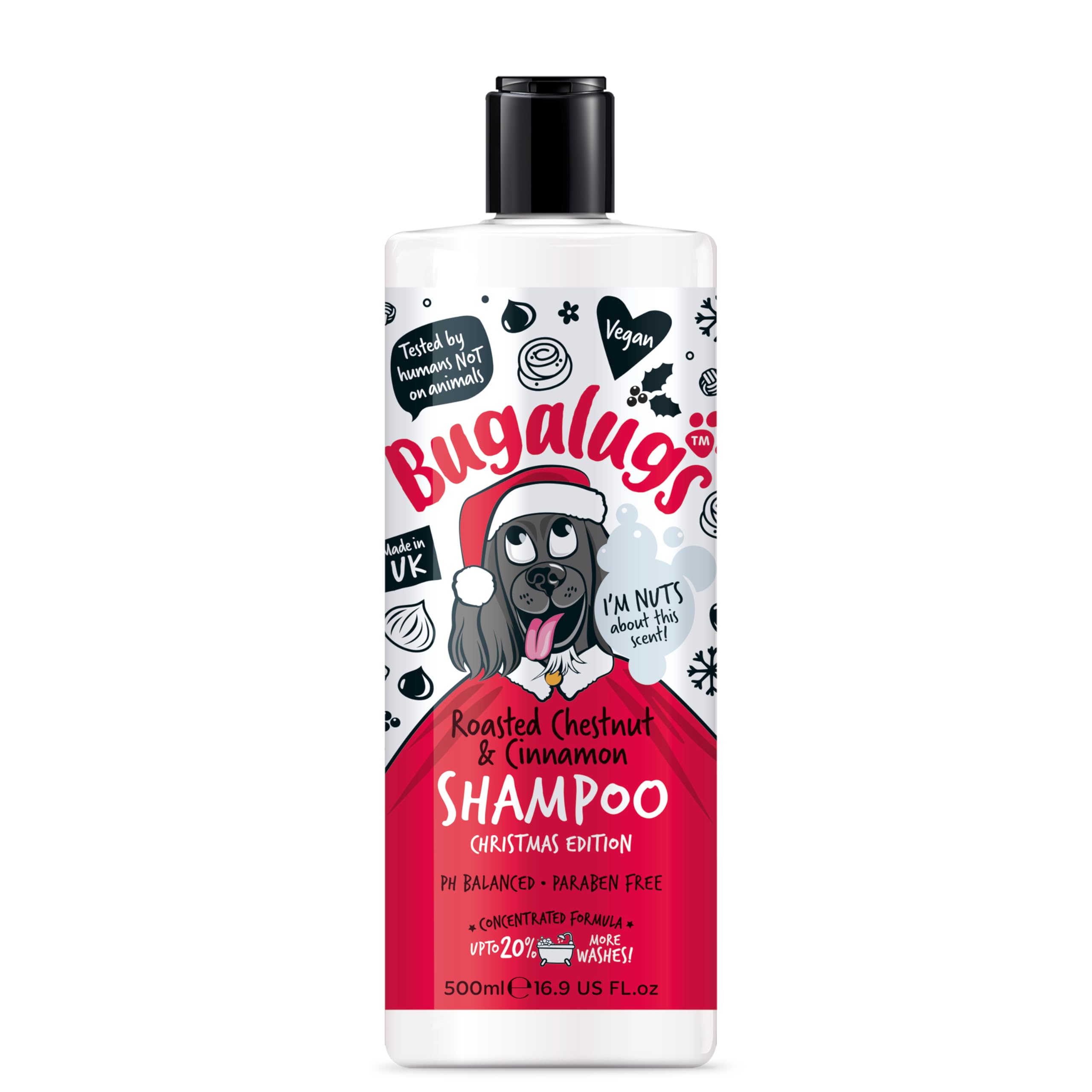 Bugalugs Dog Shampoo Christmas Edition – festively fragrant grooming products. Dog & puppy shampoo, vegan, pH balanced, made in the UK (Roasted Chestnut & Cinnamon Shampoo 500ml)