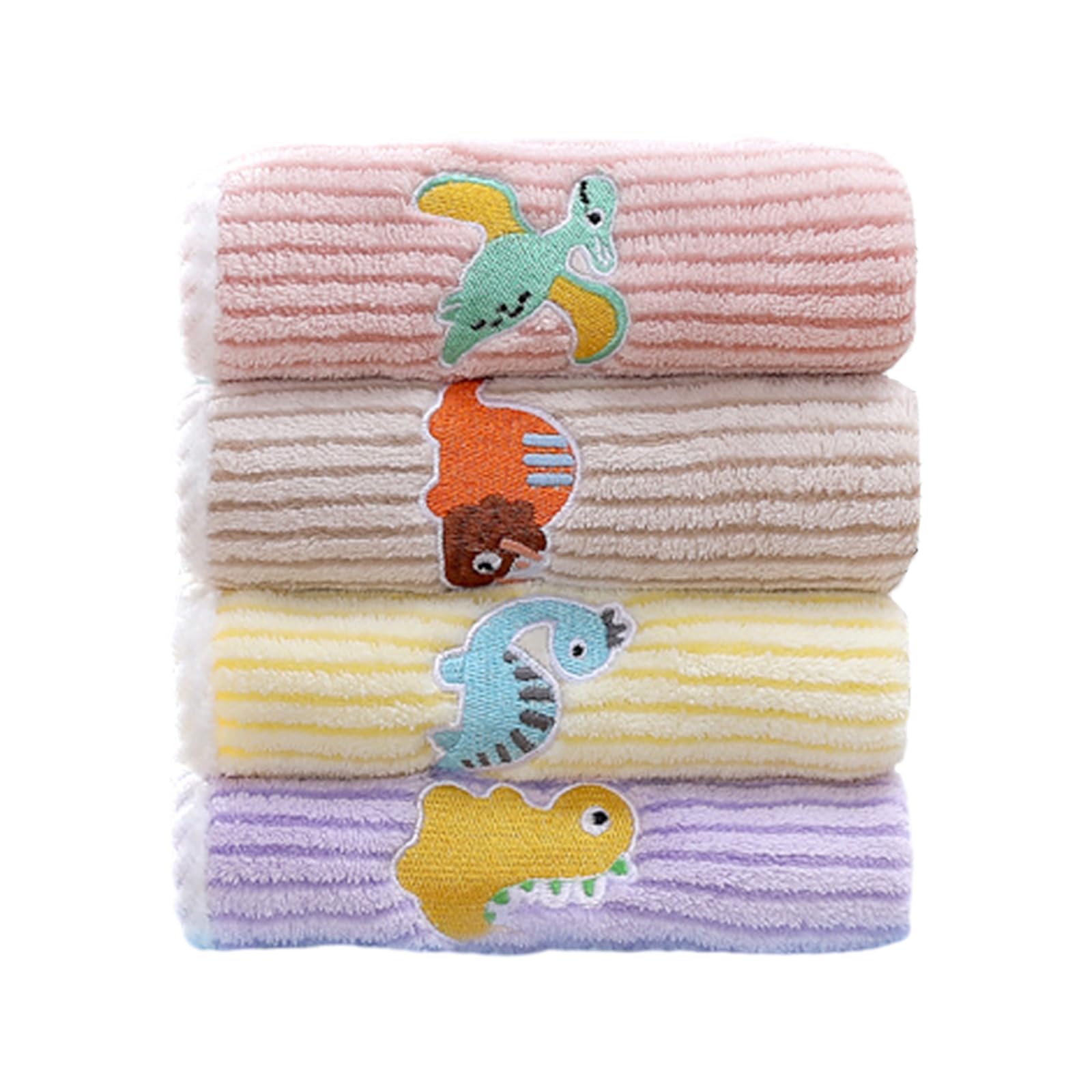 Fadcaer 4 Pcs Soft Kids Washcloth Towels with Embroidered, Multicolor Children's Facial Towel, Cotton Baby Face Washer Hand Towels Cute Dinosaurs 25 x 50 CM (a)