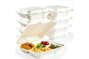 Vplus 100% Compostable Clamshell Take Out Food Containers, 90 PACK 8 inch x 8 inch Eco-Friendly Disposable 3 Compartment, Heavy-Duty Bagasse To-Go Containers for Next Day Lunch, Potluck Party