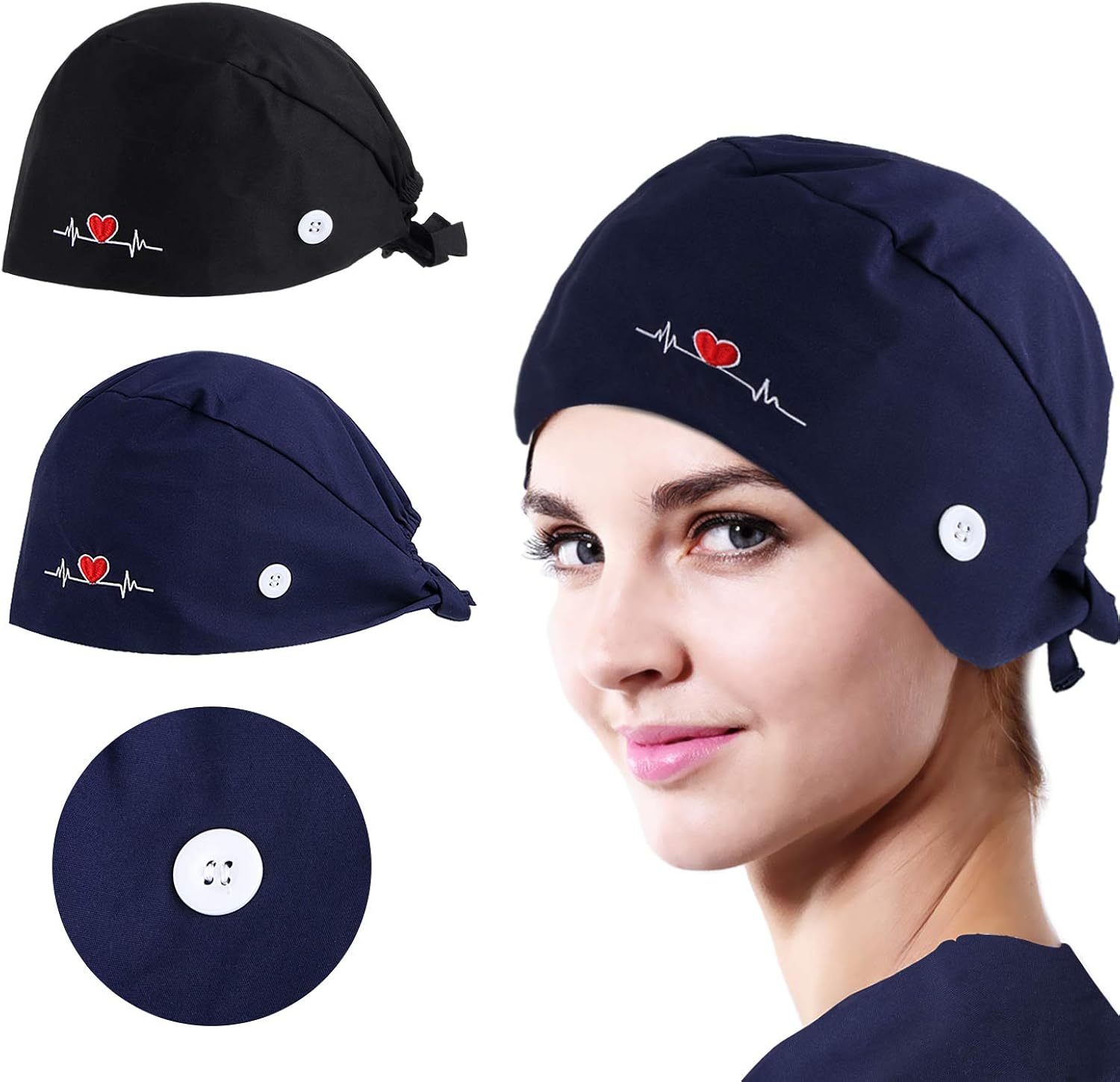 NOVWANG 2 Pcs Working Caps Love Embroidered Style Head Cover Hats Adjustable Cotton Sweatband Caps (Black+Dark Blue): Clothing