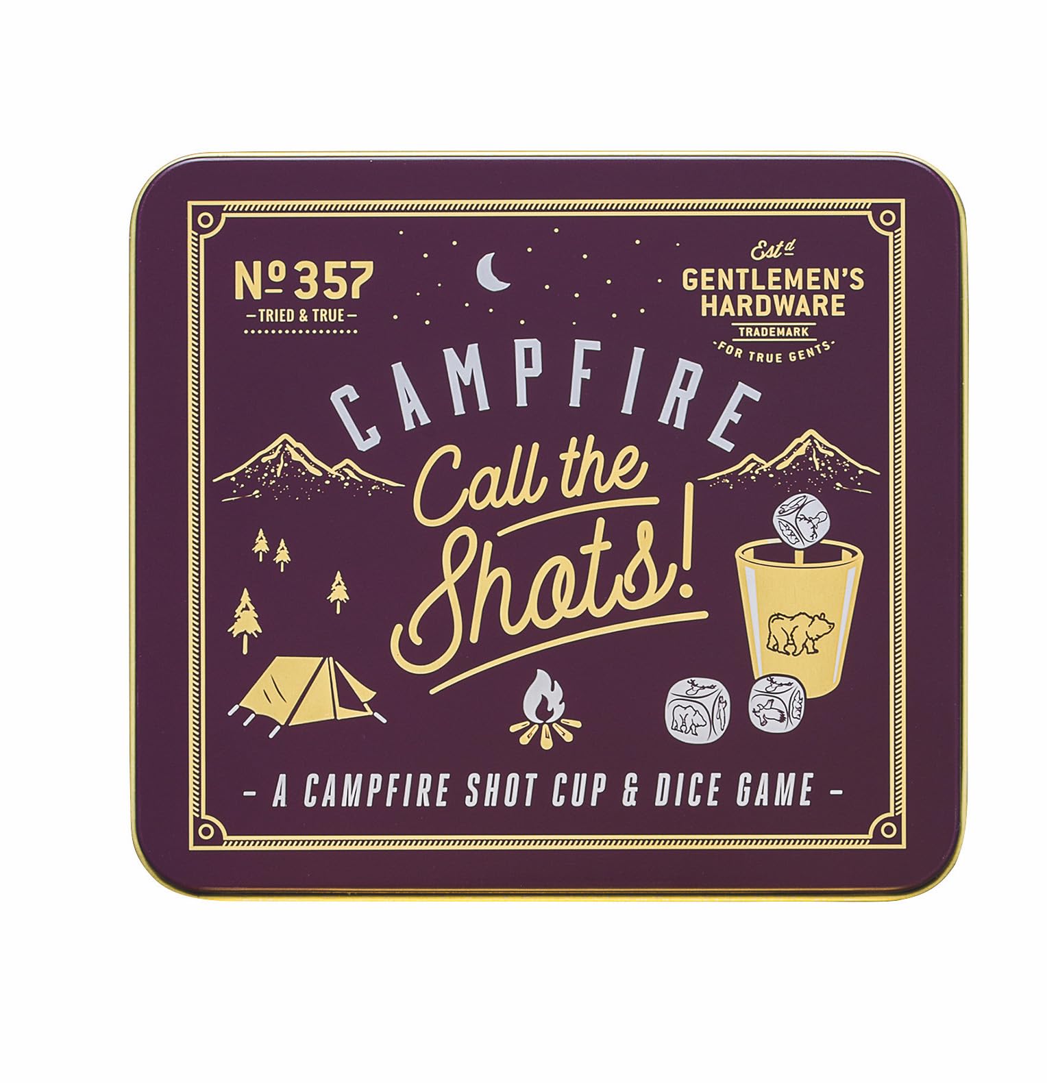 Gentlemen's Hardware Campfire Camping Drinking Game in Travel Tin, 3 x Shot Cups + 3 x Dice, Call The Shots