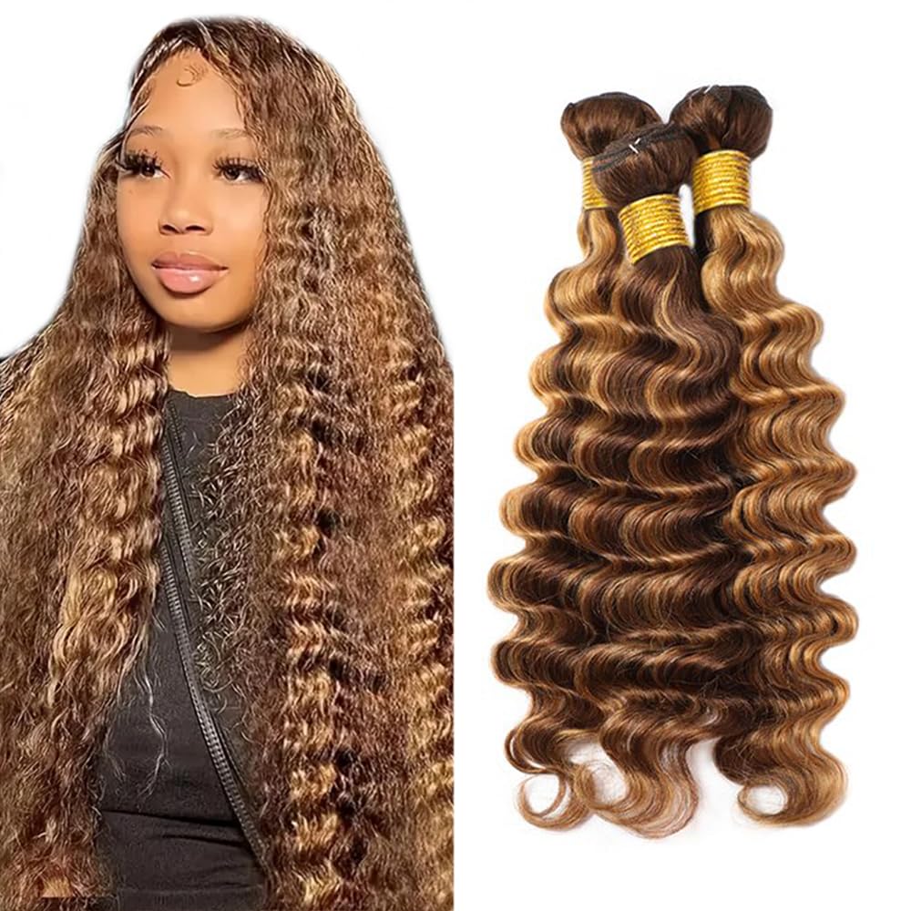 Photo 1 of 28 30 32 Inch Highlight Deep Wave Bundles P427 Human Hair Bundle Brazilian Virgin Mixed Length Soft Real #27 Bundles Hair Weave