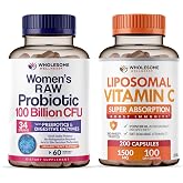 Wholesome Wellness Probiotics for Women 100 Billion CFUs with Prebiotics, Digestive Enzymes + Liposomal Vitamin C Capsules High Absorption, Ascorbic Acid Supplement Bundle
