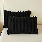 MEGO Set of 2 Fluffy Faux Rabbit Fur Pillowcases, Cozy Luxury Striped Plush Fuzzy Zippered Pillow Cases, Decorative Shaggy Furry Ribbed Long Pillow Shams for Bedroom Living Room 20x36, King, Black