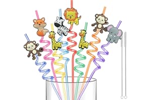 Reusable Safari Birthday Party Supplies - 16 Pcs Jungle Animal Plastic Drinking Straws for Kids Woodland Birthday Party Suppl