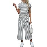 Sweetmoon 2 Piece Sets for Women Summer Outfits Short Sleeve Travel Outfits for Women Vacation Crop Pant Matching Lounge Set