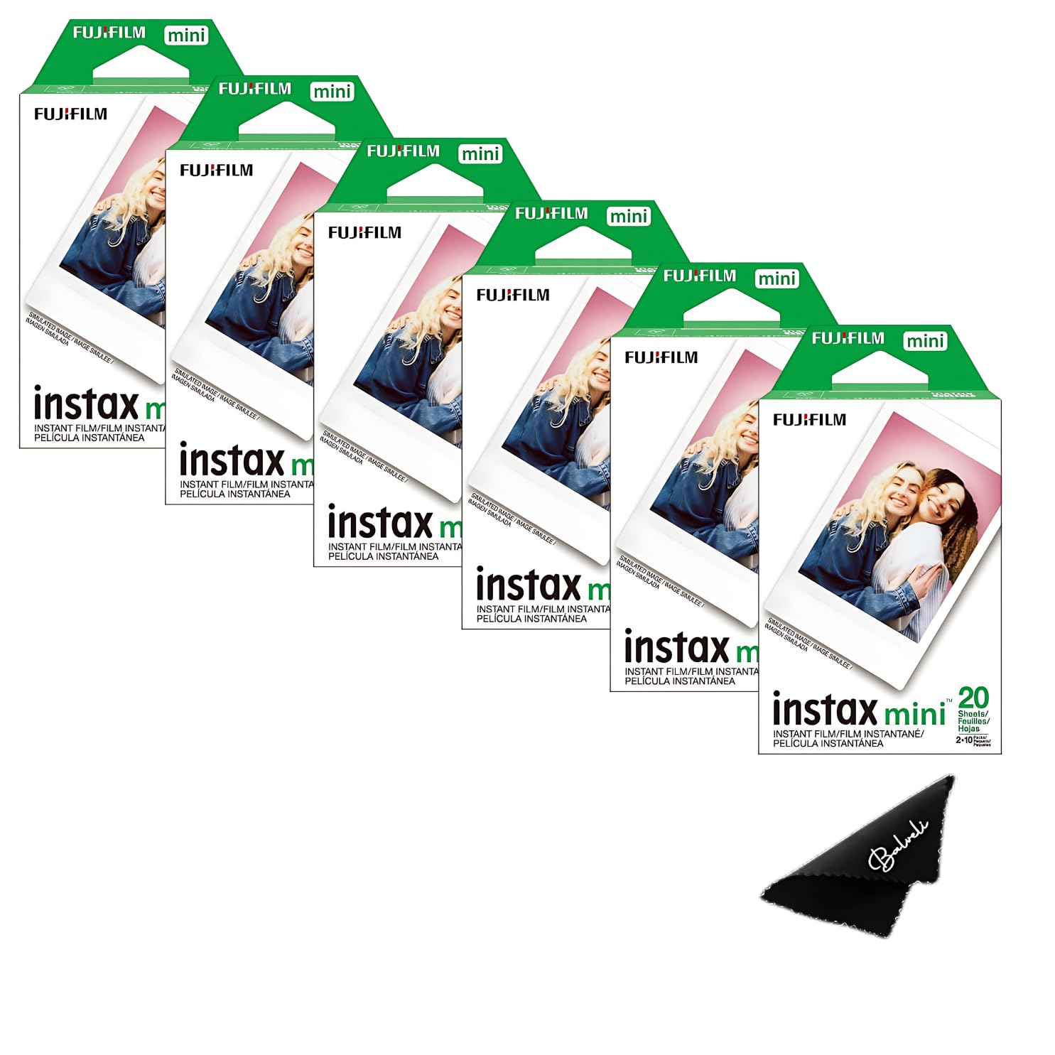 Fujifilm Instax Mini Film ISO 800, Six Twin Packs 120 EXP Total Compatible with Instax Mini Evo, 12, 11, 9 Models, Includes Balveli Premium Microfiber Cleaning Cloth