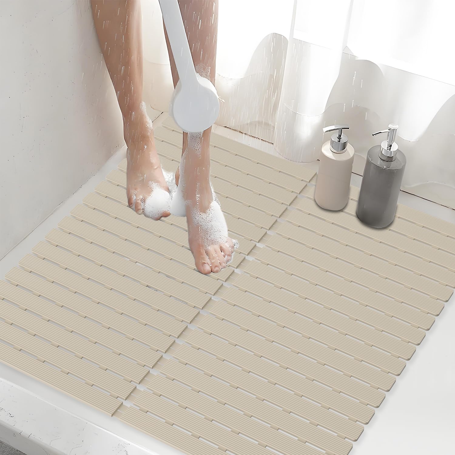 Photo 1 of ?Shower Mat Non-Slip Bath Mat for Tub and Shower Stall,200+ Suction Cups with Drain Holes, Quick Dry Machine Washable, Extra Grip for Stand Up Showers, Bathroom Essentials 24x24 Inch (Light Brown)