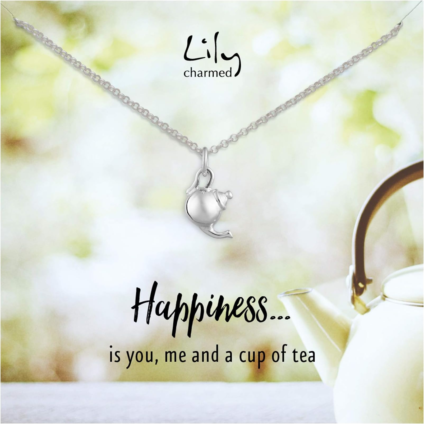 Sterling Silver Teapot Necklace with"Happiness" Message Card