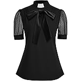 Mambabacosp Black Short Sheer Sleeve Church Shirt Clergy Tab Insert Collar Front Bowknot Priestess Shirt