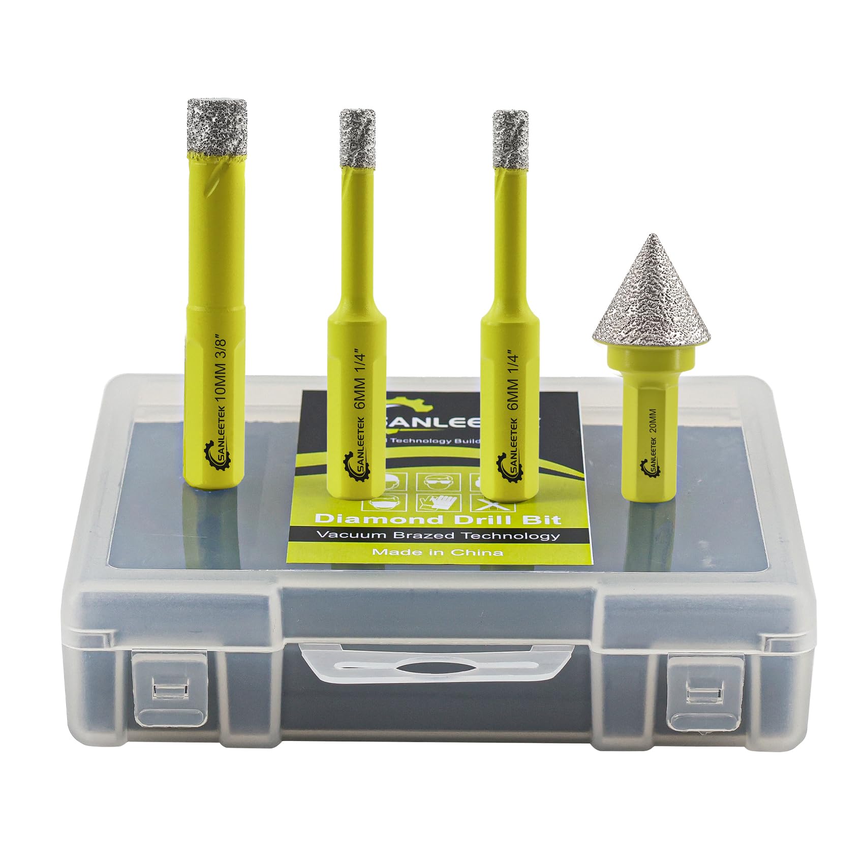 Diamond Core Drill Bits Set - 4pcs 6/6/10mm Hole Saw with Triangle Shank+1pc 20mm Hex Shank Beveling Chamfer Bit SANLEETEK for Porcelain Ceramic Tile Marble Granite Artificial Stone