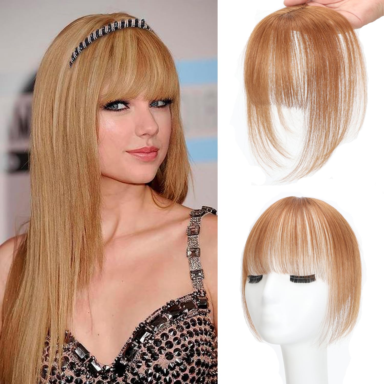 Clip In Fringe 100% Real Human Hair Bangs Hair Clip Thin Bangs On Hairpiece On Air Bangs With Temple Wispy Bangs Hair Extensions for women (Ash Blonde, 3D Wispy Fringe)
