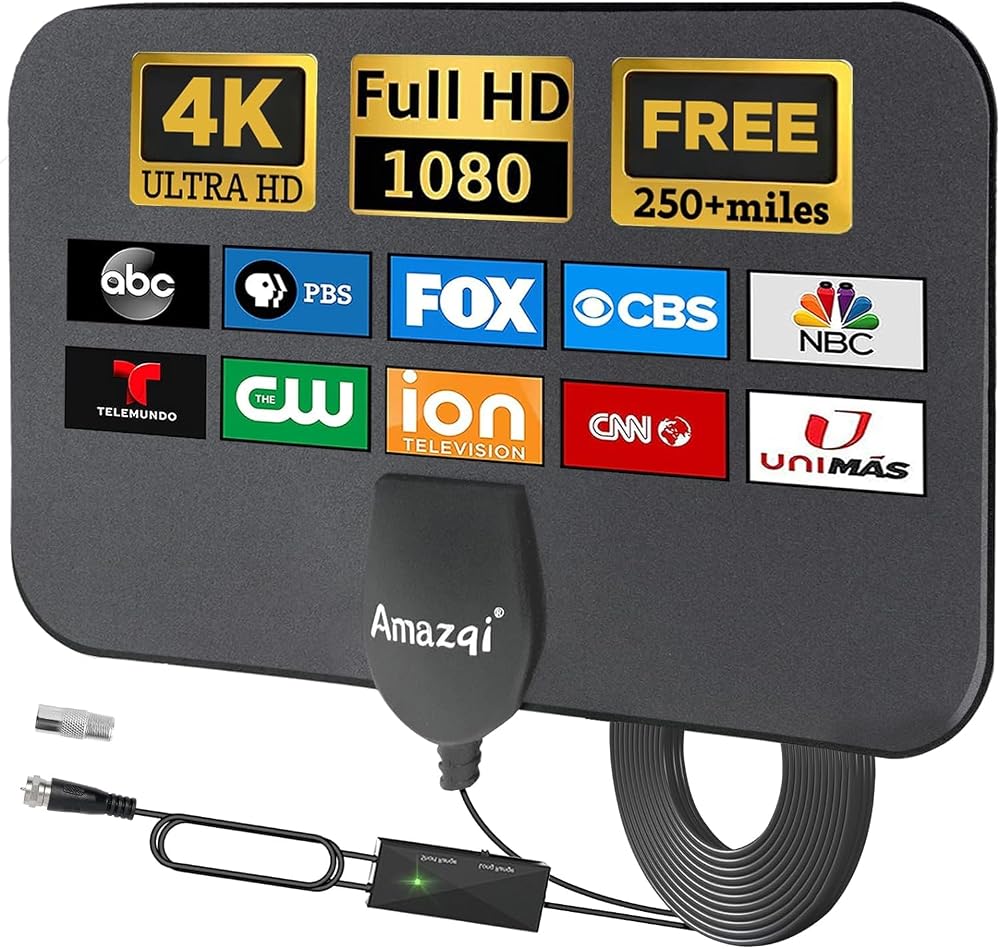 Amazqi TV Aerial Indoor 250+ Miles 4K Freeview with 5m Cable