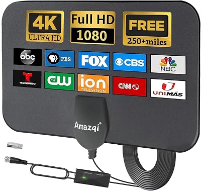 Amazqi TV Aerial Indoor 250+ Miles 4K Freeview with 5m Cable