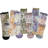 Ballballu Vintage Sheer Socks,Summer Transparent Flower Ankle, Thin Mesh Lace Elastic Jacquard Glass Silk