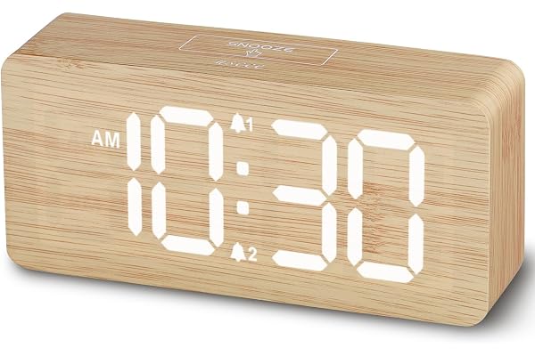 Wooden Digital Alarm Clocks for Bedrooms: Dimmable Dual Alarm Clock with Large Numbers for Bedside Desk - Bamboo