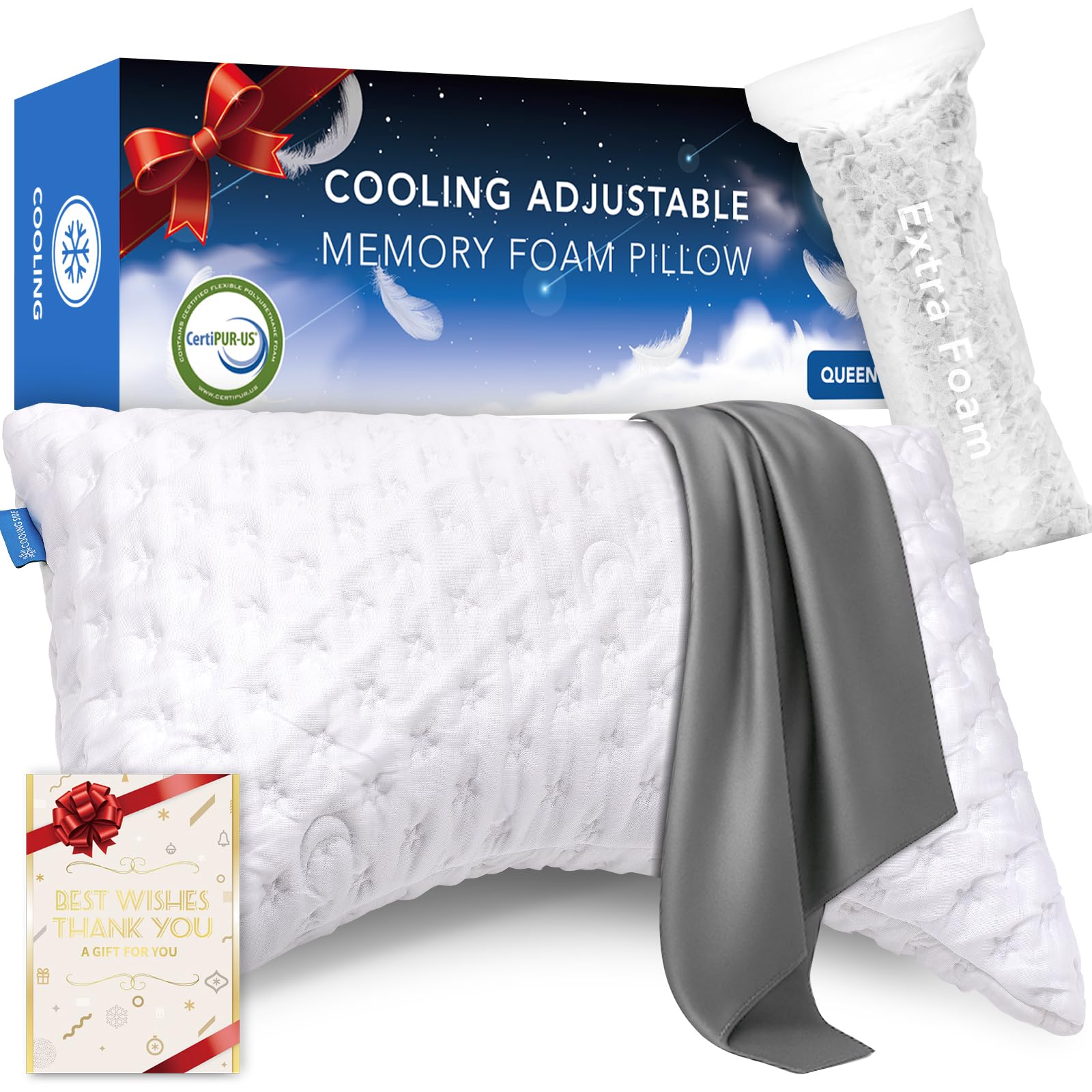 Photo 1 of Cooling Side Sleeper Pillow for Neck and Shoulder Pain, Luxury Shredded Memory Foam Curved Bed Pillows for Sleeping Set of 1- Adjustable Queen Size- Washable Cover Crescent White&Extra Grey Pillowcase