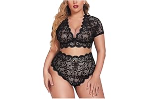Women's Sexy Bra and Panty Sets Plus Size Lace Lingerie Set 2 Piece Mesh Sheer Naughty Bodysuits See Through Babydoll