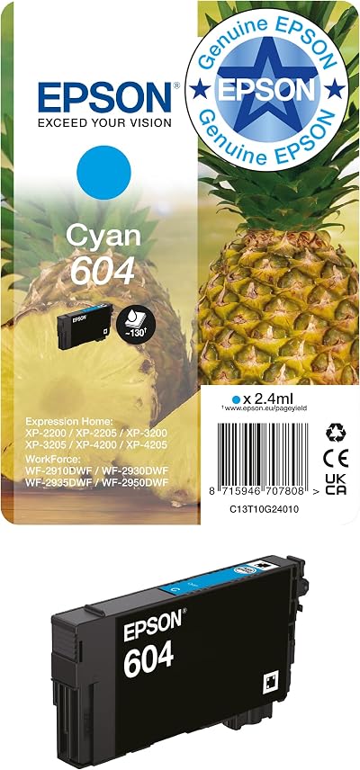 Epson 604 Pineapple Ink Cartridge Cyan Magenta Yellow Black 2.4ml CY SEC