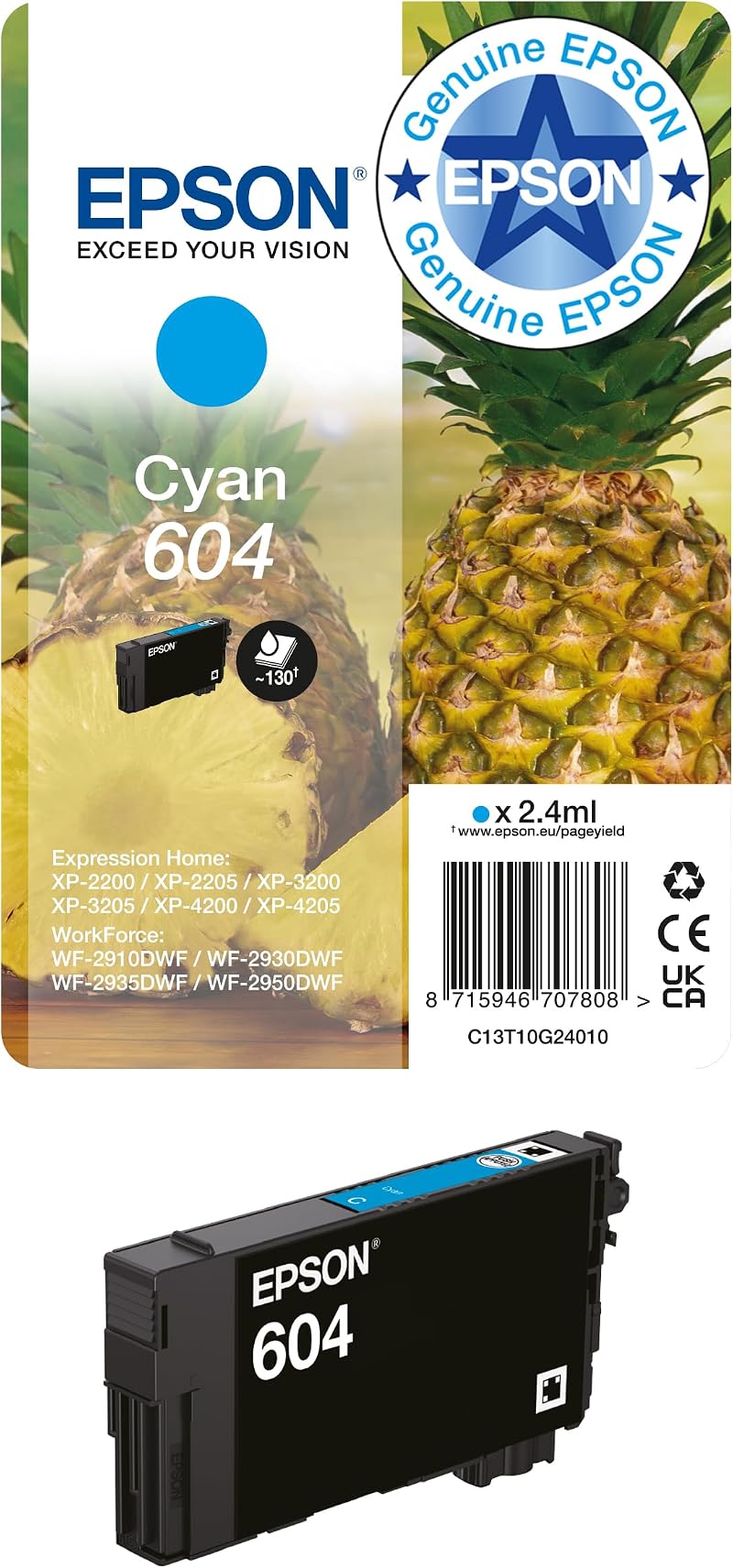 Epson 604 Pineapple Ink Cartridge Cyan Magenta Yellow Black 2.4ml CY SEC