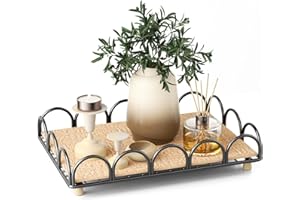 Qcold Decorative Serving Tray, Ottoman Tray with Cork Liner for Coffee Table Kitchen Dinning Table Entryway, Rectangular Room Decor for Organizing, Black Wire Counter Décor Tray for Living Room