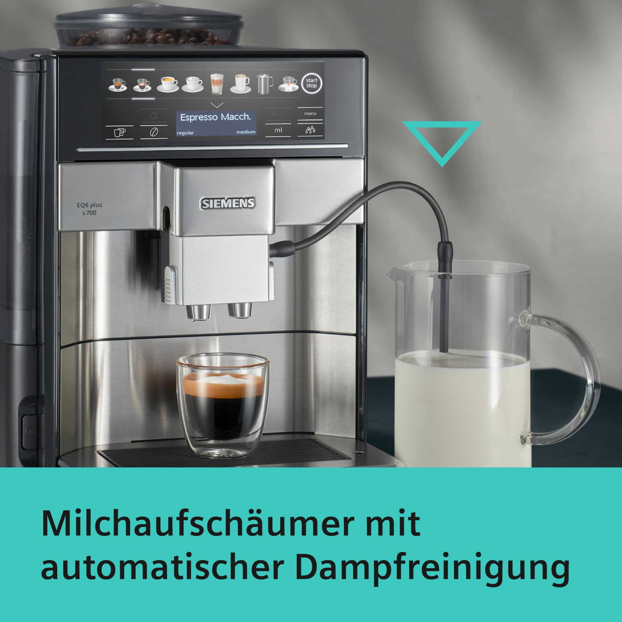 Siemens Kaffeevollautomat EQ6 plus s700, Milchsystem, 12 Getränke, automatische Reinigung des Milchsystems, Keramikmahlwerk, großes Touchdisplay, Edelstahl, TE657503DE 4
