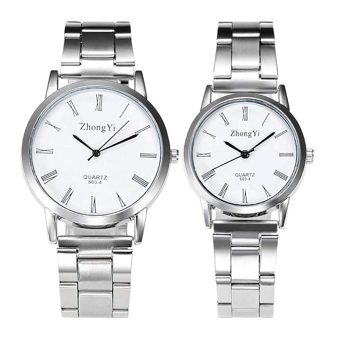 Top Plaza His And Her Silver Bracelet Watch Metal Band Analog Quartz Watch For Lovers Couples