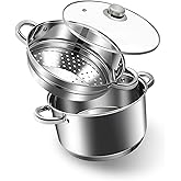 AuFranc® 4 Quart 18/10 Stainless Steel Tri-ply Stockpot and Steamer with Tempered Glass Lid, Multipurpose Steamer Pot Compatible with All Cooktops, Non-Toxic Soup Pot, Oven & Dishwasher Safe (Silver)