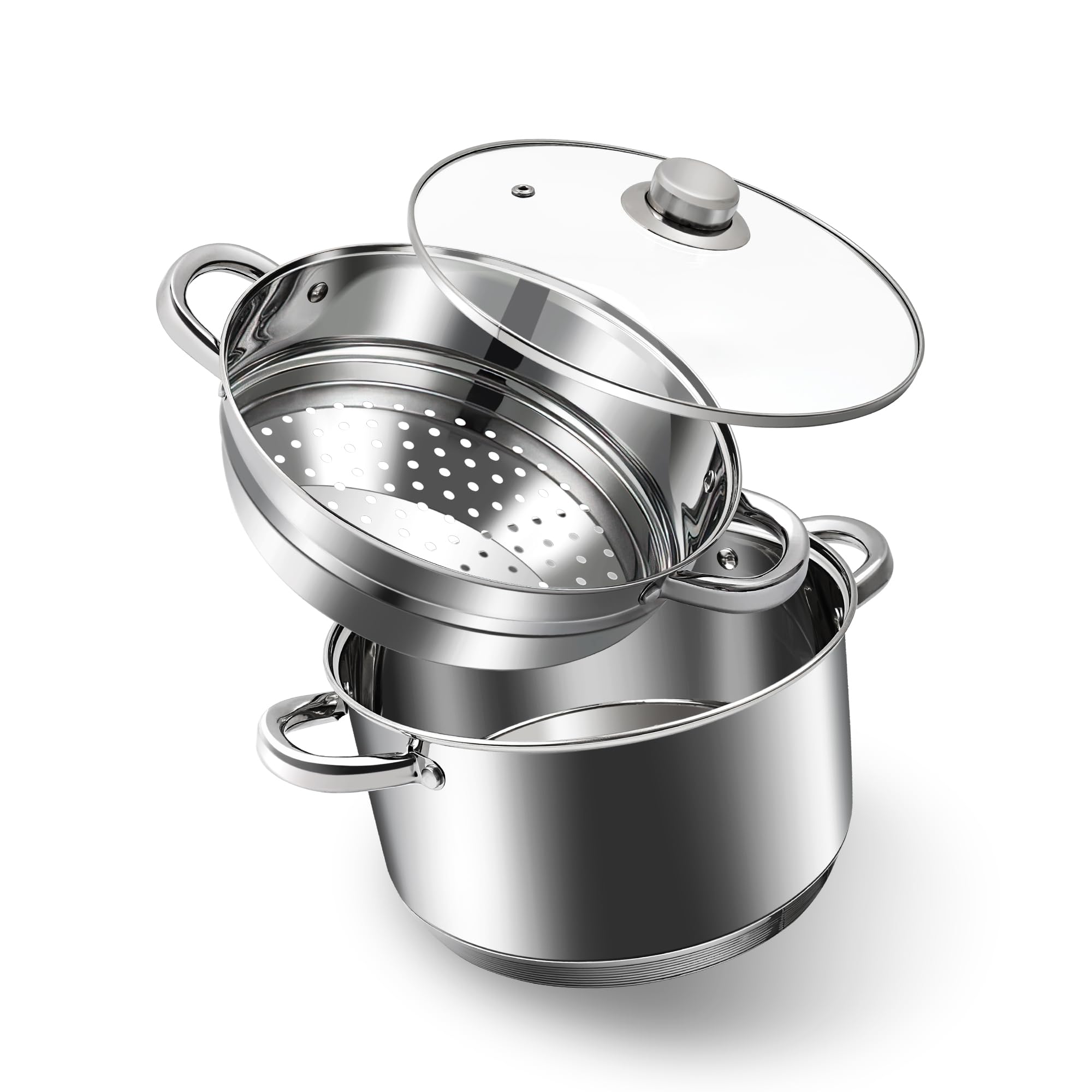 Photo 1 of AuFranc® 4 Quart 18/10 Stainless Steel Tri-ply Stockpot and Steamer with Tempered Glass Lid, Multipurpose Steamer Pot Compatible with All Cooktops, Non-Toxic Soup Pot, Oven & Dishwasher Safe (Silver)