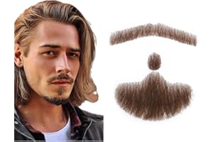 BROMOBIZ Fake Mustache, Natural Looking Human Hair Fake Beard, Handmade with Invisible Lace Fake Facial Hair for Entertainment/Drama/Halloween/Funny Cosplay (Brown Fake Mustache)