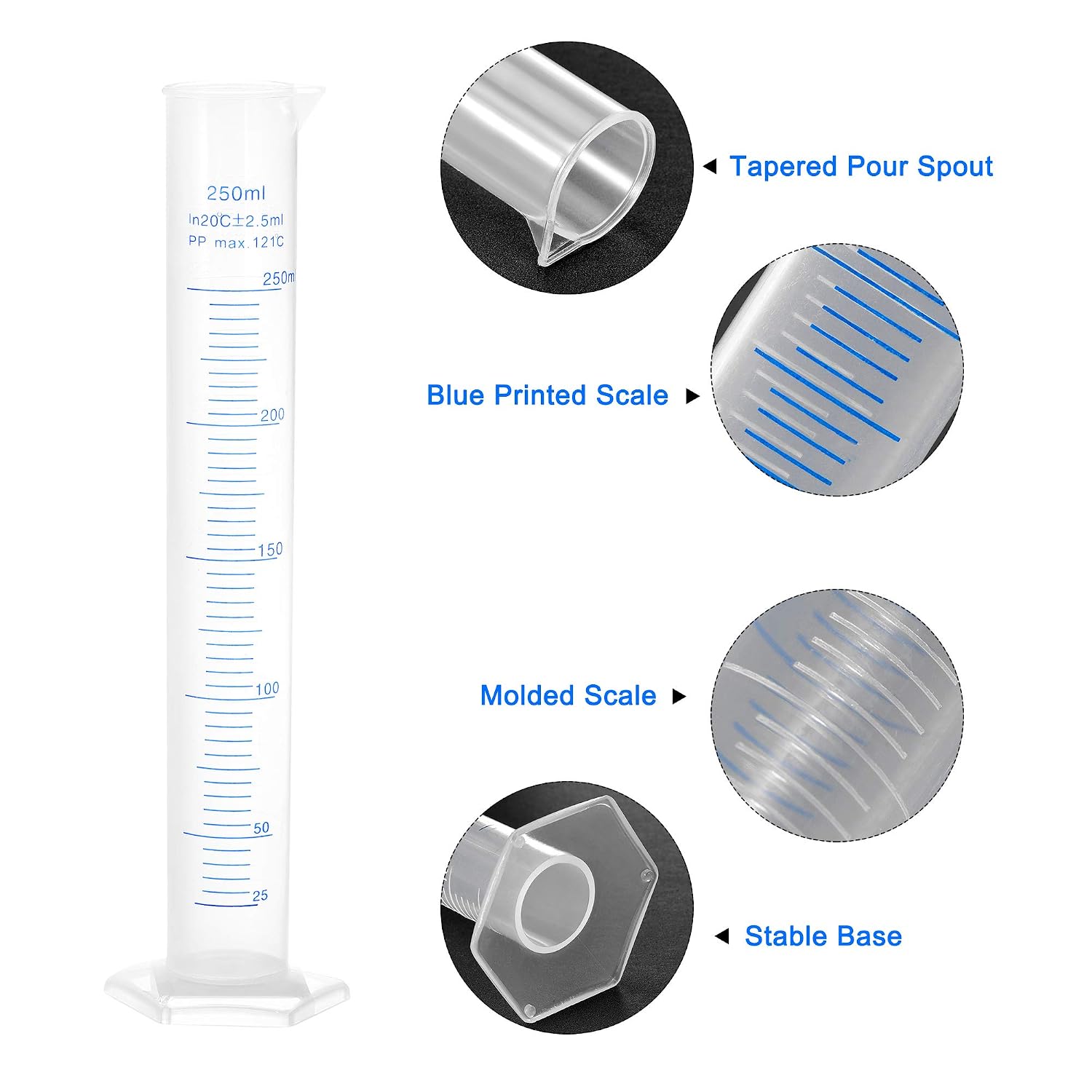 sourcing map Plastic Graduated Cylinder, 50ml 100ml 250ml Measuring Cylinder, Double-Sided Metric Marking, Clear Hex Base, 3 in 1 Set - Image 4