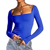 Dwnval Long Sleeve Shirts for Women - Basic Slim Fit Double Lined Square Neck Crop T Shirt