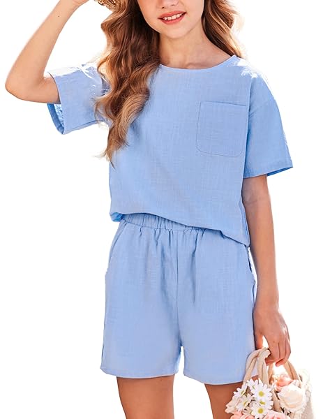 FLYPIGS TODDLER GIRL LINEN SHORTS SET SUMMER SHORT SLEEVE CLOTHING SET CUTE 2 PIECE OUTFITS WITH POCKETS, 5-6 Y