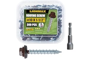 LIONMAX Metal Roofing Screws #10 × 1-1/2 Inch, 300-PCS, Brown Painted Hex Head Sheet Metal Roof Screws, Rubber Washer, Sharp Point, Metal to Wood Siding Screws, Hex Socket Included