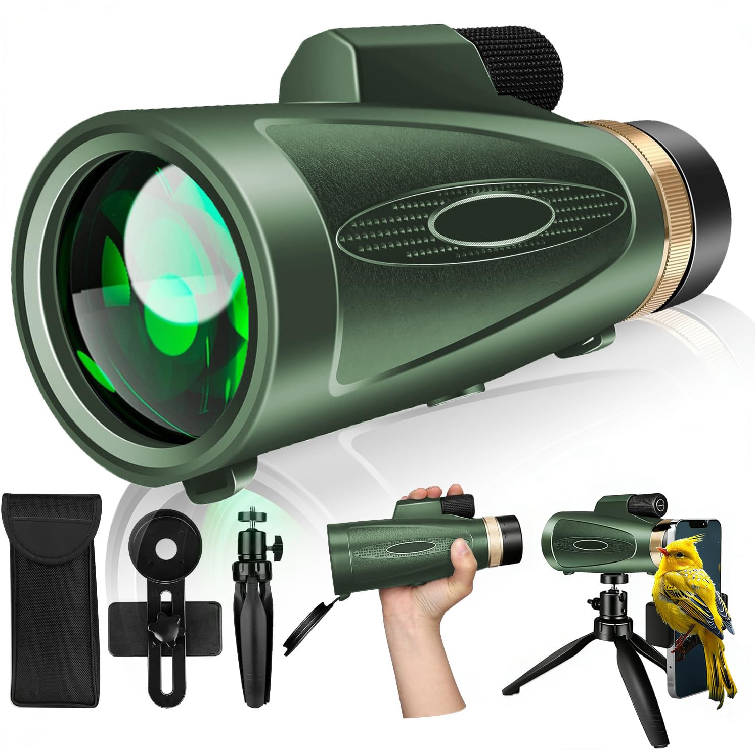 Photo 1 of Monocular Telescope 80x100 High Power with Smartphone Adapter Tripod, Wide Field Monoculars for Adults with BAK4 Prism & FMC Lens, for Bird Watching Hunting Hiking Camping Wildlife-Green