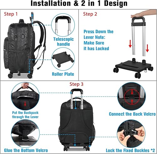 YOREPEK Rolling Backpack, 17 Inch Waterproof Roller Backpack for