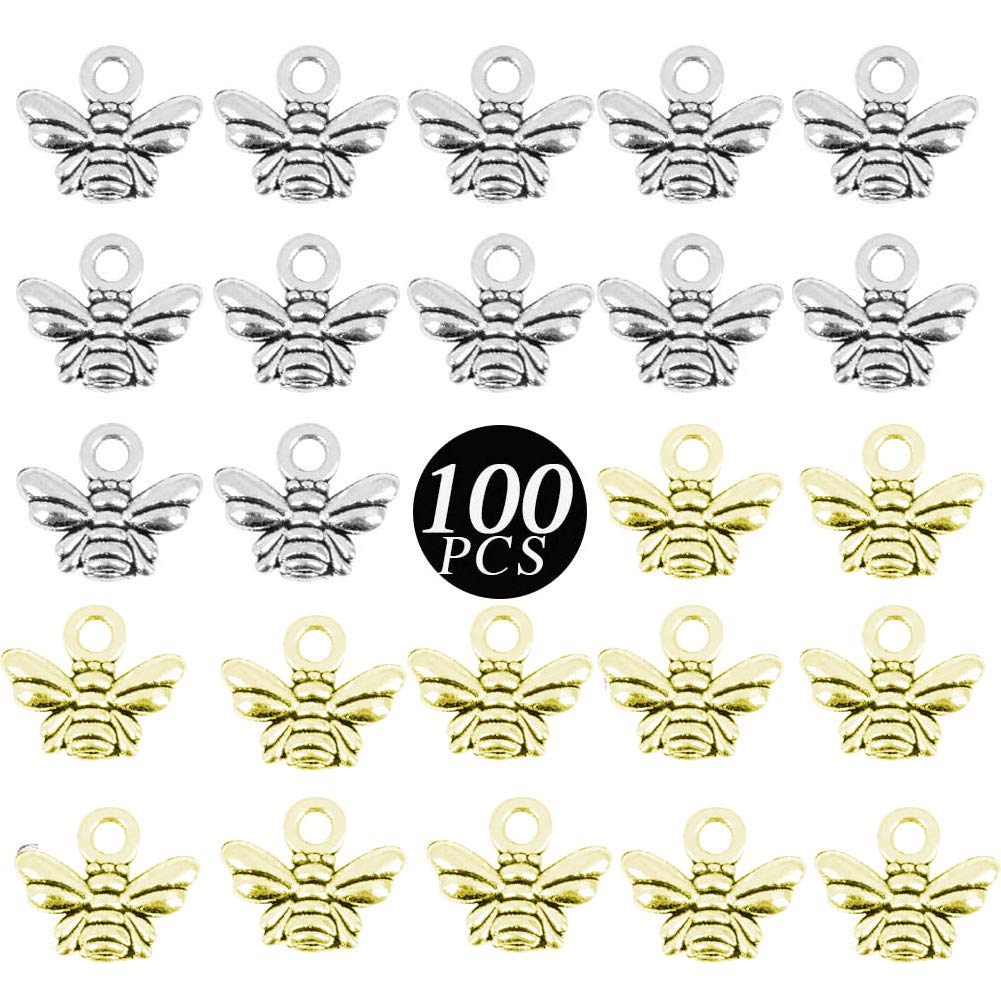 XYDZ Bee Pendants, 100 Pieces Jewelry Making Charms Honeybee Earring Pendants Alloy Bee Insects Charms for Crafting DIY Jewelry Making(Silver, Copper)